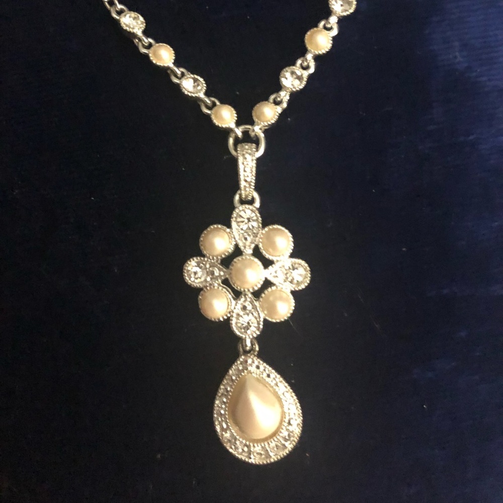 Crown Trifari, Silver tone, Faux Pearl and Rhinestone Lariat Necklace.